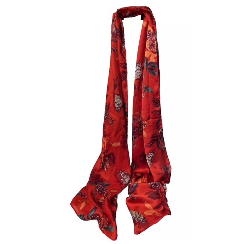 Vibrant Red Butterfly & Floral Print Silky Scarf 17" x 72" Long Polyester
